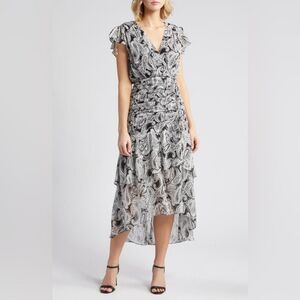 NEW TAHARI ASL Paisley Side Ruched Midi Dress in Black Ivory Plus Size 14